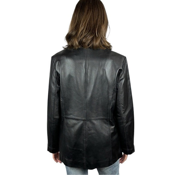 VINTAGE 90S NEW YORK & CO BLACK LEATHER NOTCHED COLLAR BUTTON DOWN BLAZER JACKET - Picture 3 of 13